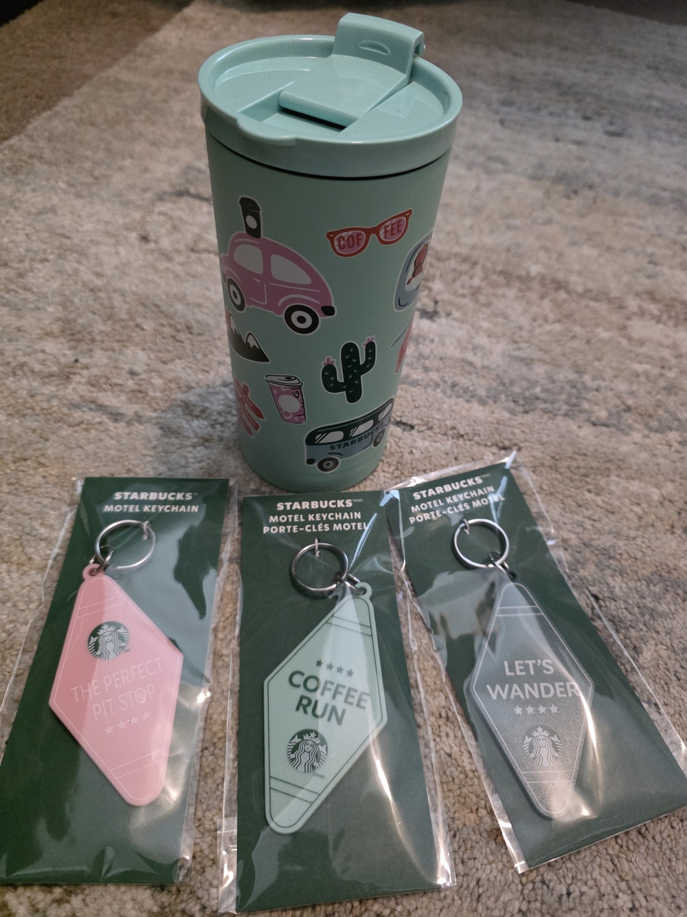 Starbucks Road Trip-Mint Green Sticker Travel Tumbler & Motel Keychain Set